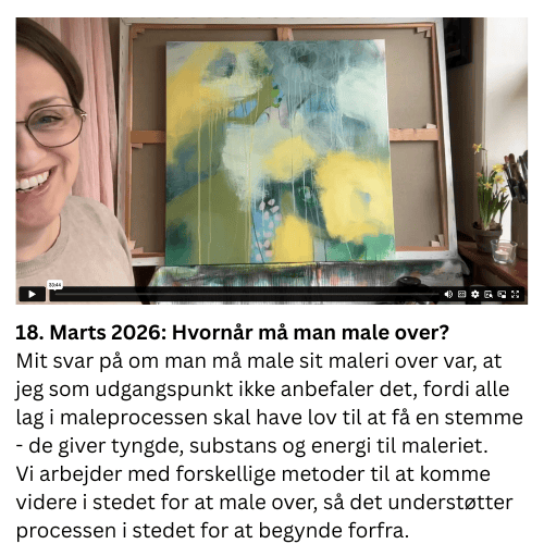 Mit svar p&aring; om man m&aring; male sit maleri over var, at jeg som udgangspunkt ikke anbefaler det, fordi alle lag i maleprocessen skal have lov til at f&aring; en stemme - de giver tyngde, substans og energi til maleriet.  Vi arbejder med forskellige metoder til at komme videre i stedet for at male over, s&aring; det underst&oslash;tter processen i stedet for at begynde forfra.